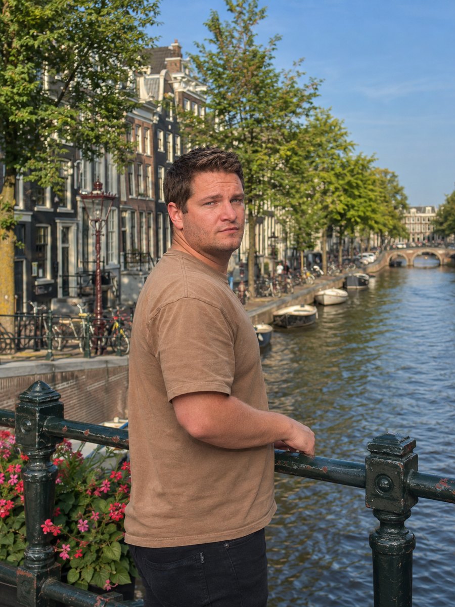 Joshua Brogley on a bridge, looking at the camera
